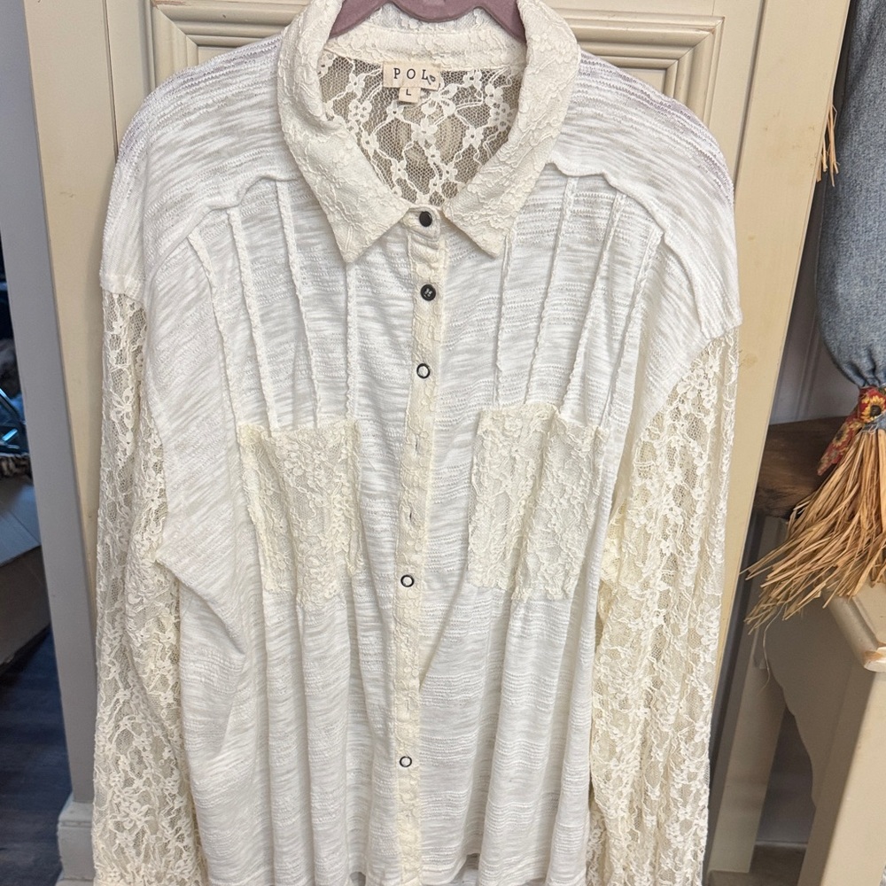 POL Cream Lace-Panel Button-Down Shirt